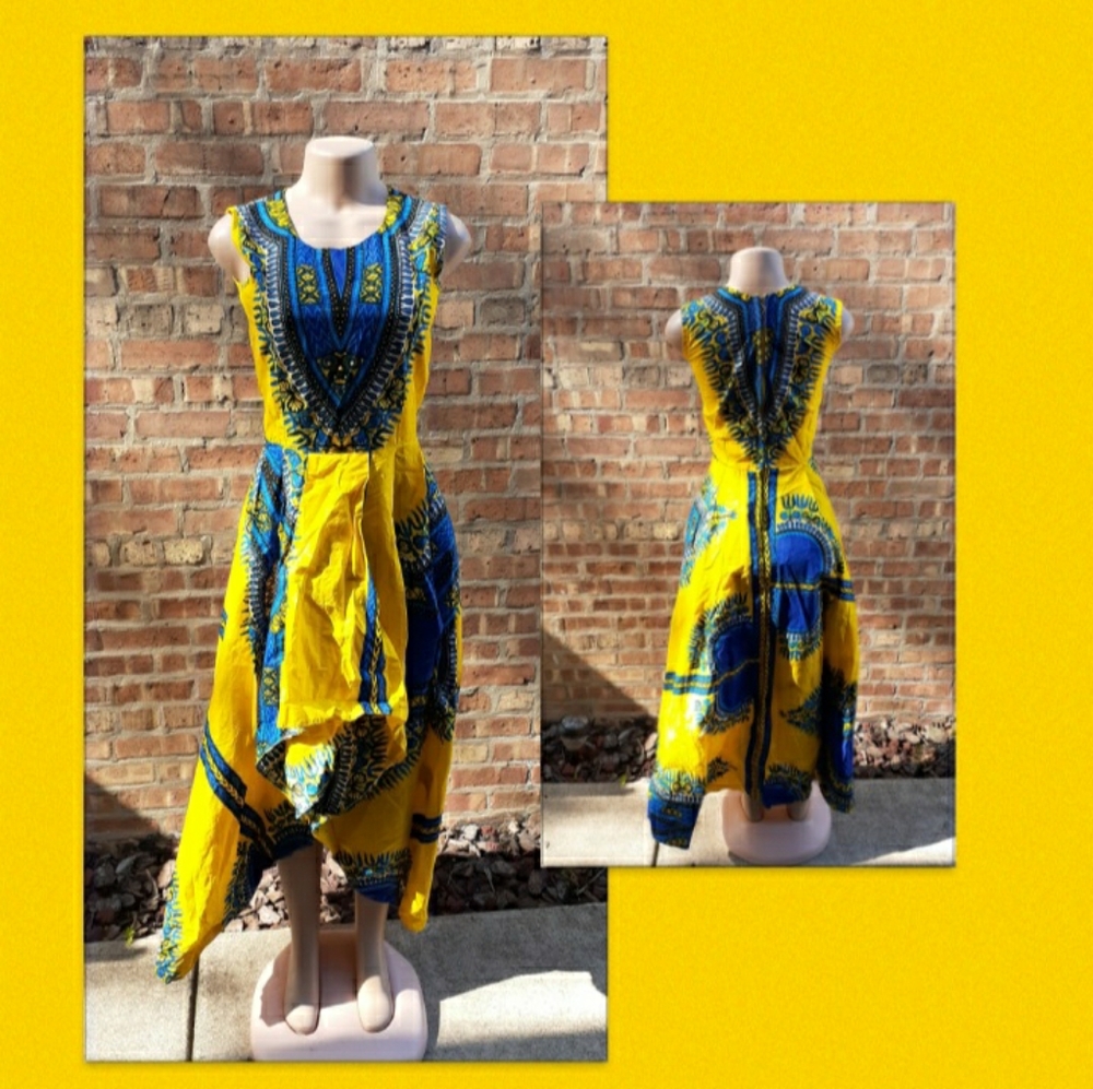 Handmade bright African Hi Low Dashiki Dress